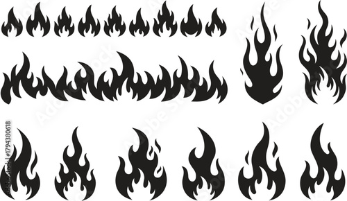 Collection of black flame icons and symbols
