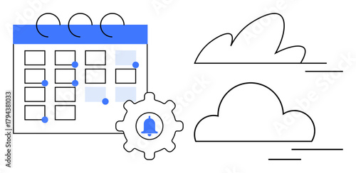 Calendar showing marked dates, gear icon with notification bell, and cloud symbols. Ideal for scheduling, reminders, cloud storage, time management, productivity planning and teamwork. A simple