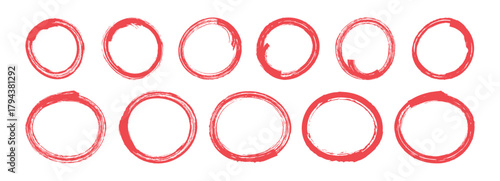 Set of hand drawn red circles and ovals. Highlight circle frames. Ellipses in doodle style. Drawning circle. Scribble doodle. Brush circle. Vector illustration.