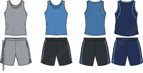 Men’s athletic tank top and shorts set front and back view, sportswear design template, gym outfit vector illustration fashion