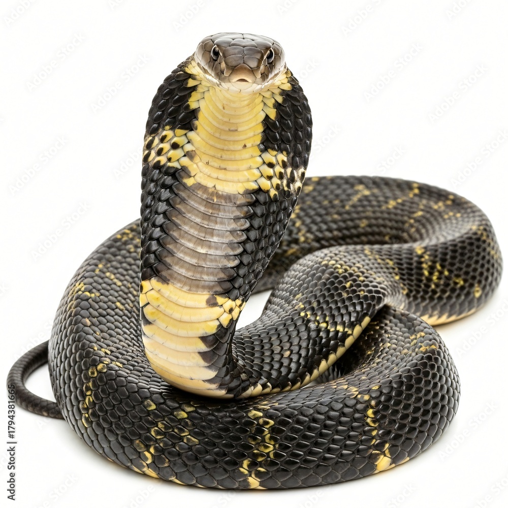 Obraz premium Black cobra snake with yellow markings poised and coiled on a white background