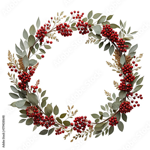 Holiday wreath with red berries, green & gold foliage, black background