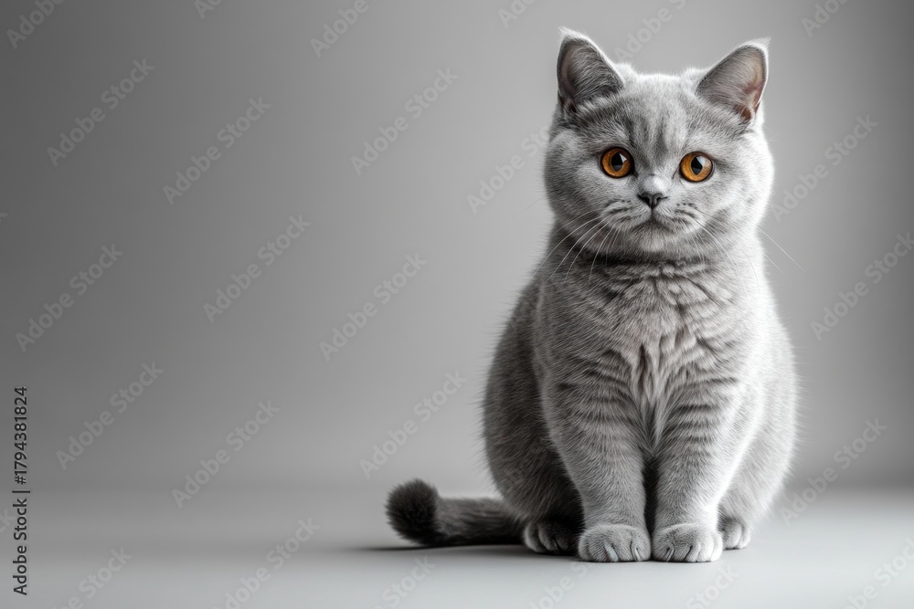 Obraz premium A gray kitten with orange eyes sits on a gray floor, looking directly at the camera.