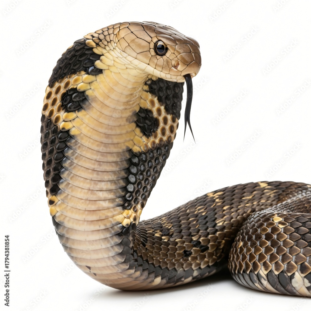 Fototapeta premium Cobra with hood spread and flicking tongue against white background snake