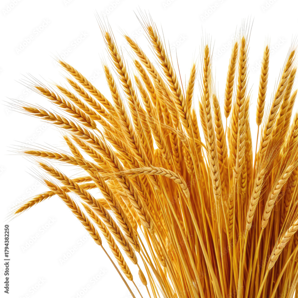 Fototapeta premium Wheat stalks with grains, golden in color against black background