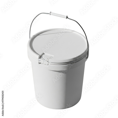 White plastic bucket with lid and metal handle for storage.