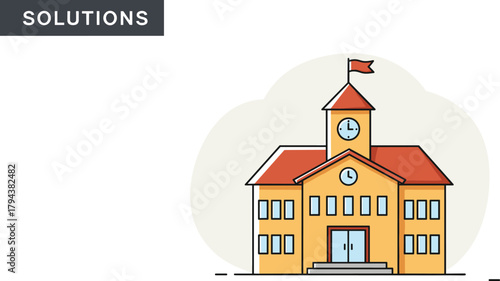 Cartoon school building with red roof, clock tower, flag, educational architecture, simple design, learning concept, classroom, campus, icon