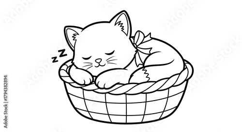 Sleeping cat resting in basket, concept of coloring for kids  