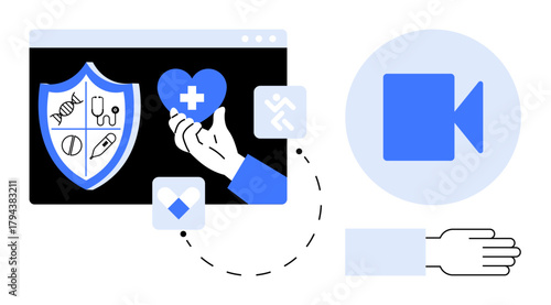 Shield with medical icons, hand holding a heart with cross, camera, and attachment symbol. Ideal for healthcare, technology, security, telemedicine, online safety connectivity simple flat metaphor