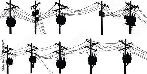 Series of utility poles with transformers, insulators, power lines, electrical distribution infrastructure, silhouette illustration of voltage grid system, flat vector