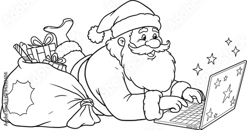 Santa Claus using laptop, digital Christmas concept, festive holiday technology, online gift shopping, modern Santa illustration, Christmas e-commerce, winter celebration