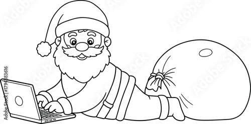 Santa Claus working on laptop, digital Christmas concept, festive holiday tech, online gift planning, modern Santa illustration, winter celebration drawing