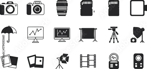 Photography equipment icons, cameras, tripods, studio lights, memory cards, film reels, digital screens, videography tools, professional photo gear set, flat vector