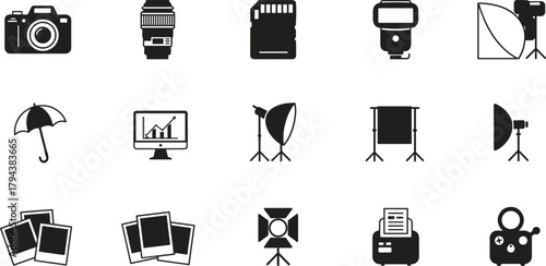 Photography equipment icons, cameras, lenses, tripods, studio lights, memory cards, video cameras, photo prints, editing tools, professional gear set, flat vector