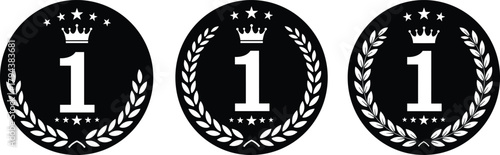 Number one award emblem, crown and laurel wreath, first place badge, excellence achievement symbol, victory ranking design, flat vector