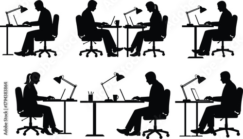 Office worker silhouettes, desk job illustration, computer workspace vector, remote work concept, ergonomic chair design, business teamwork, productivity, modern workplace, technology, communication