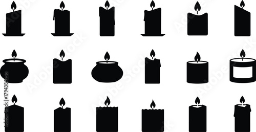 Candle silhouette icons, black candle shapes, wax dripping designs, flame vector set, candle clipart, candle holder illustration, minimalist candle art