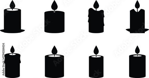 Candle silhouettes, burning wax, black candle icons, flame shapes, melting candles, vector illustration, spiritual decor, gothic style, minimal design