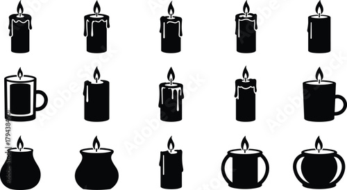 Candle silhouettes, black icons, wax candles, flame shapes, candle holder set, vector illustration, minimal design, burning light, home decor, spiritual symbols