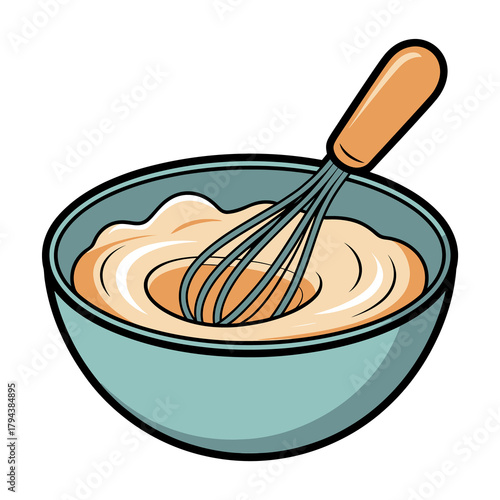 Whisking batter in a bowl, creating a smooth and creamy mixture, , perfect for baking enthusiasts and culinary projects