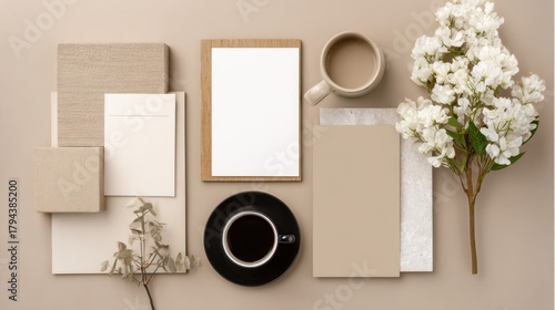 elegant stationery coffee mood board flat lay