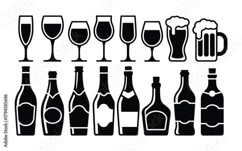 Black and white vector icons of alcoholic beverages and glassware