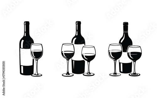 Three black and white ink sketch wine bottles and glasses