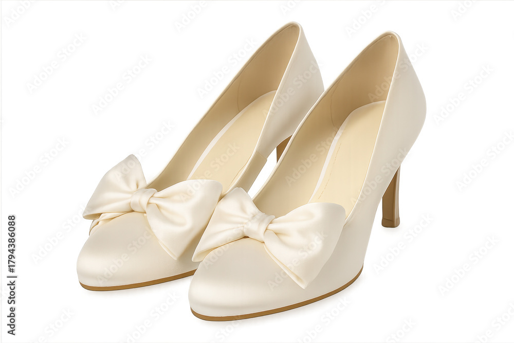 Obraz premium Satin white wedding shoes with bows, transparent background