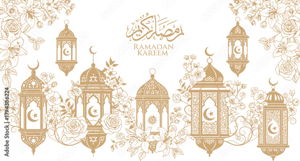 Fototapeta premium Beautiful ramadan kareem greeting card with ornate islamic lanterns and floral decorations