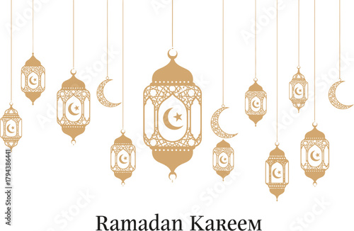 Traditional islamic lanterns and crescent moons hang in a festive arrangement for ramadan kareem celebration