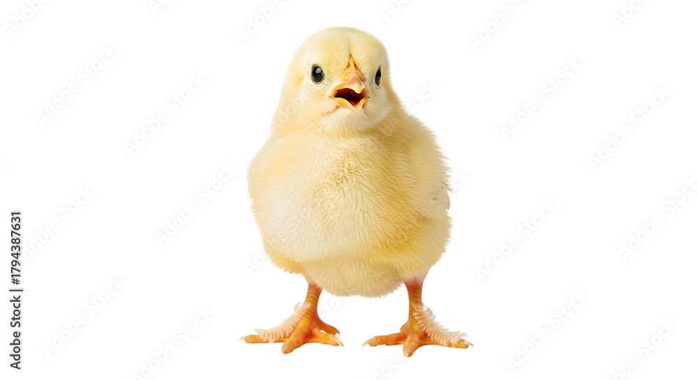 Obraz premium An adorable fluffy yellow baby chick standing on an isolated white background. This cute newborn farm animal is looking forward with its small beak open