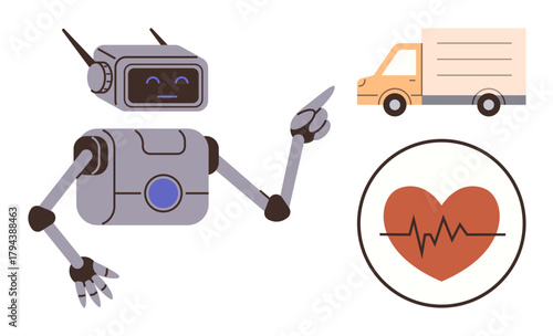 Robot pointing at a heart with a pulse line and a delivery truck, representing healthcare, logistics, AI, and medical technology. Ideal for automation, healthcare, technology, AI innovation