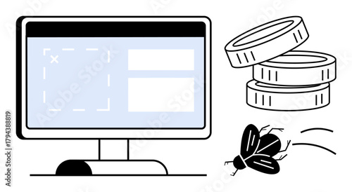 Desktop monitor with UI design placeholders, stack of coins, and a buzzing bug. Ideal for coding, debugging, finance, user interface design, error resolution, web development simple flat metaphor