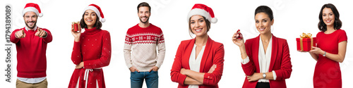 Diverse of young women and men in Christmas outfit isolated on white or transparent background
