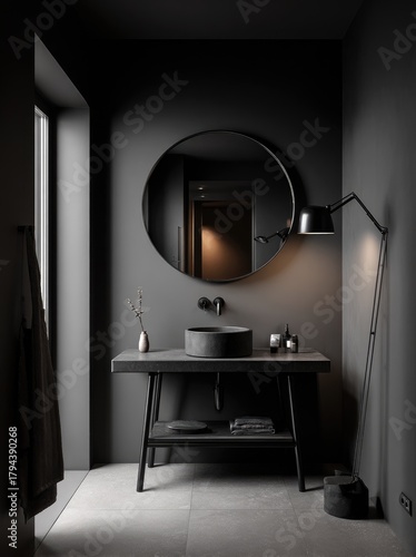 Dark, minimalist bathroom with a circular mirror, a round sink on a dark wood vanity, a floor lamp, and a towel hanging on the wall.  Muted lighting creates a moody atmosphere