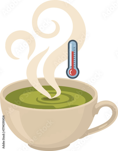 Hot green tea vector illustration with steam and thermometer indicating warmth and comfort.
