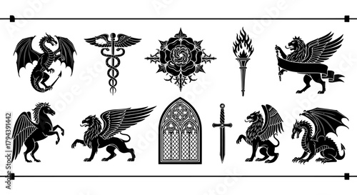 Heraldry and mythology icon set