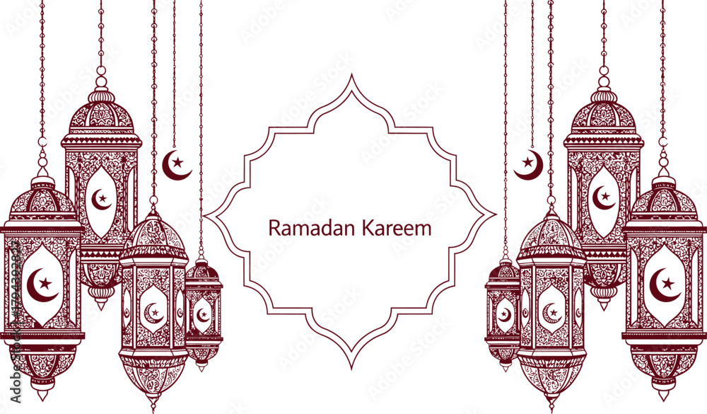 Fototapeta premium Traditional islamic ramadan kareem lanterns and decorative frame with crescent moon and star symbols