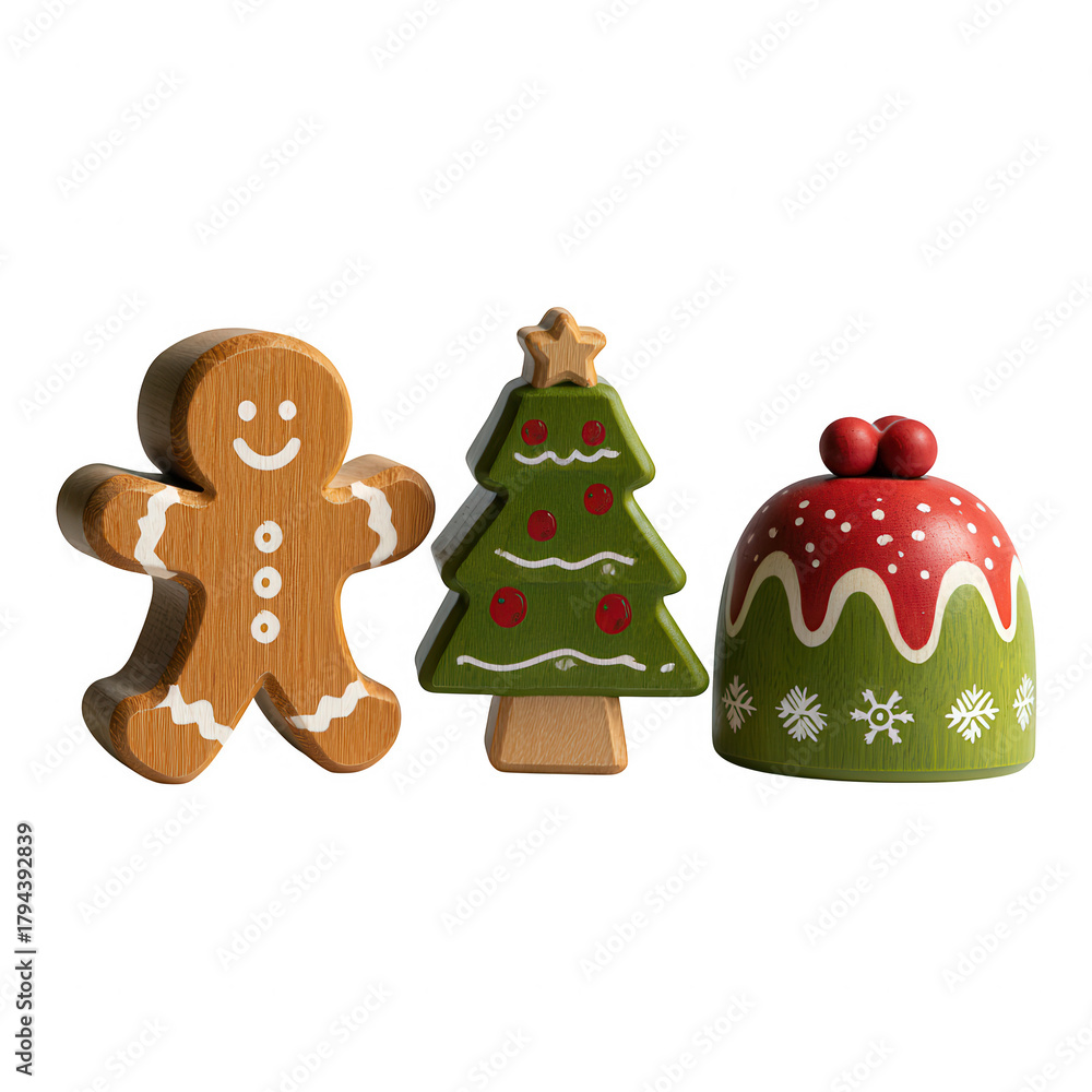 Naklejka premium Wooden Christmas toys set with tree, gingerbread man, and pudding on Transparent Background