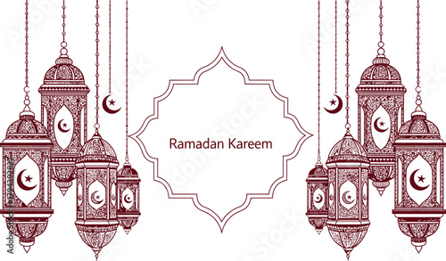 Traditional islamic ramadan kareem lanterns and decorative frame with crescent moon and star symbols