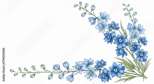 Blue watercolor flowers corner border design isolated on white background