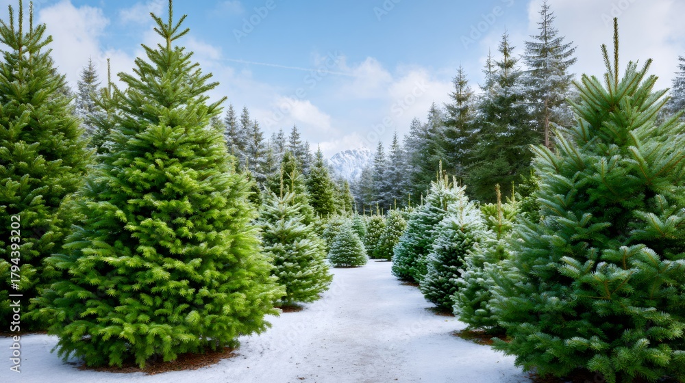 Obraz premium Christmas tree farm with snow in winter forest