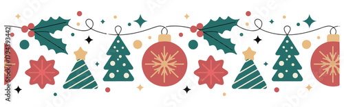 Festive Christmas garland border with holly, berries, ornaments, and decorated trees, perfect for holiday designs.