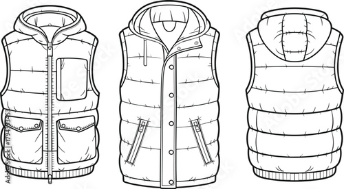 Padded sleeveless vest technical sketch, hooded quilted vest front back view, fashion flat drawing, apparel design template, garment construction illustration, outerwear vector art