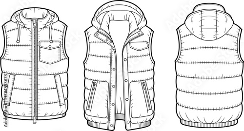 Padded sleeveless vest, hooded quilted gilet, front zipper, snap placket, chest pocket, ribbed hem, fashion flat sketch, technical apparel drawing, garment design illustration