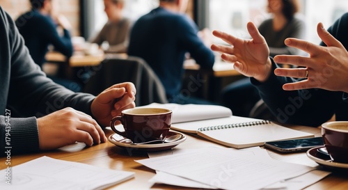 Two people have a casual business chat over coffee at a cafe table. One person gestures while talking. Notebooks and phones rest on the wooden surface. Perfect for teamwork concepts.