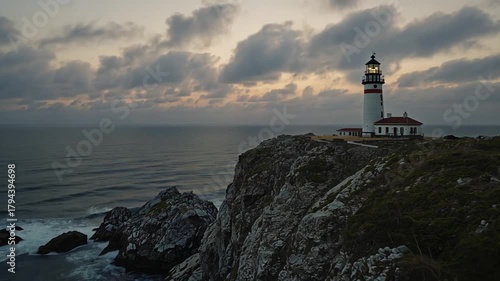 Scenic Lighthouse Standing on a Rocky Cliff by the Ocean Coastline During Sunset or Cloudy Day