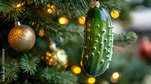Christmas tree with pickle ornament and golden decorations close-up  