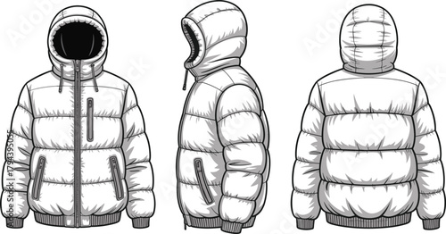 Puffer jacket technical sketch, front view, side view, back view, hooded winter coat, insulated outerwear, garment design, fashion illustration, cold weather apparel, zipper pockets