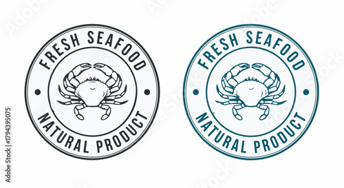Fresh Seafood Natural Product logo badge with crab illustration vector isolated on white.